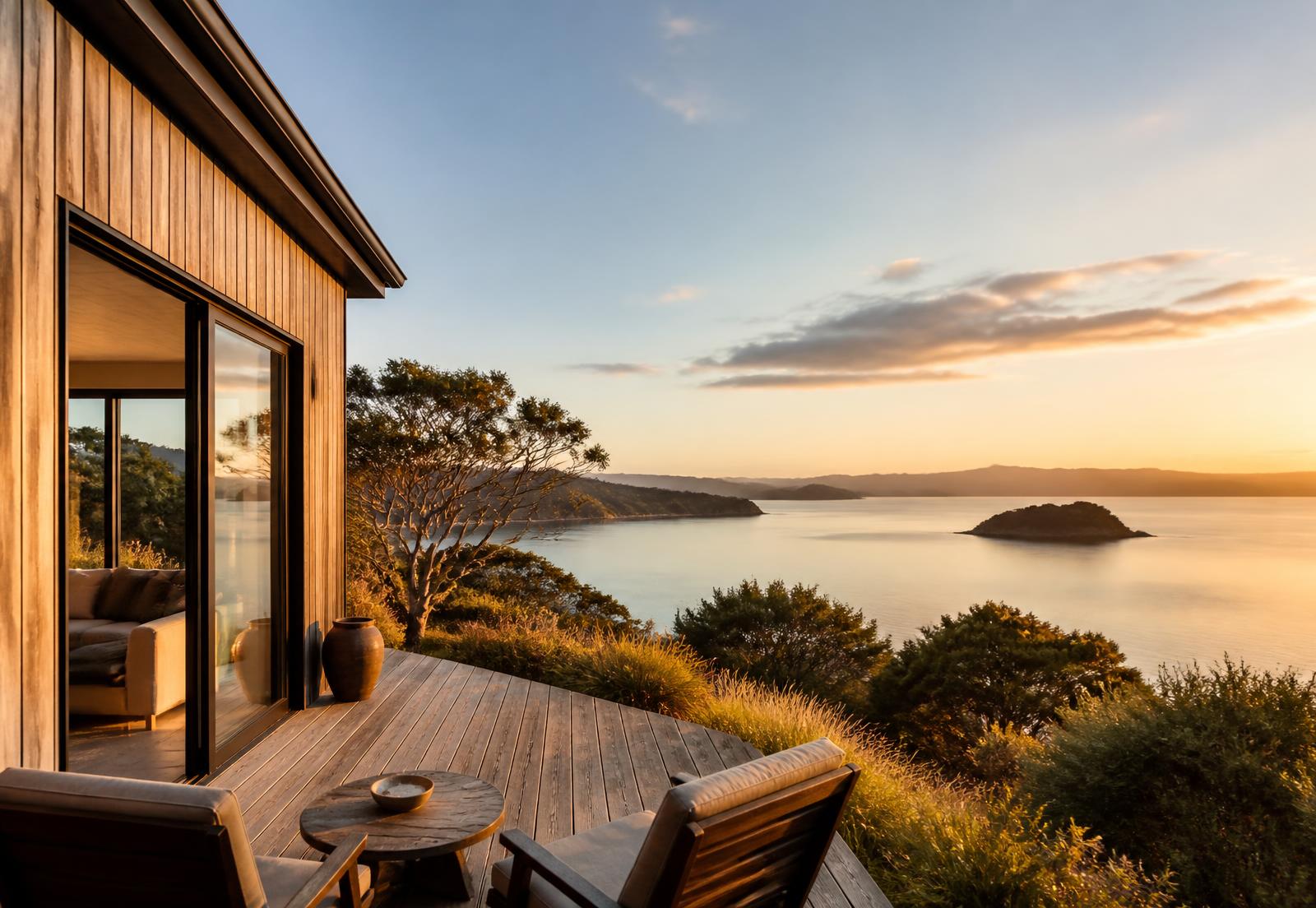 A Waiheke holiday home deck looking over the water at golden hour