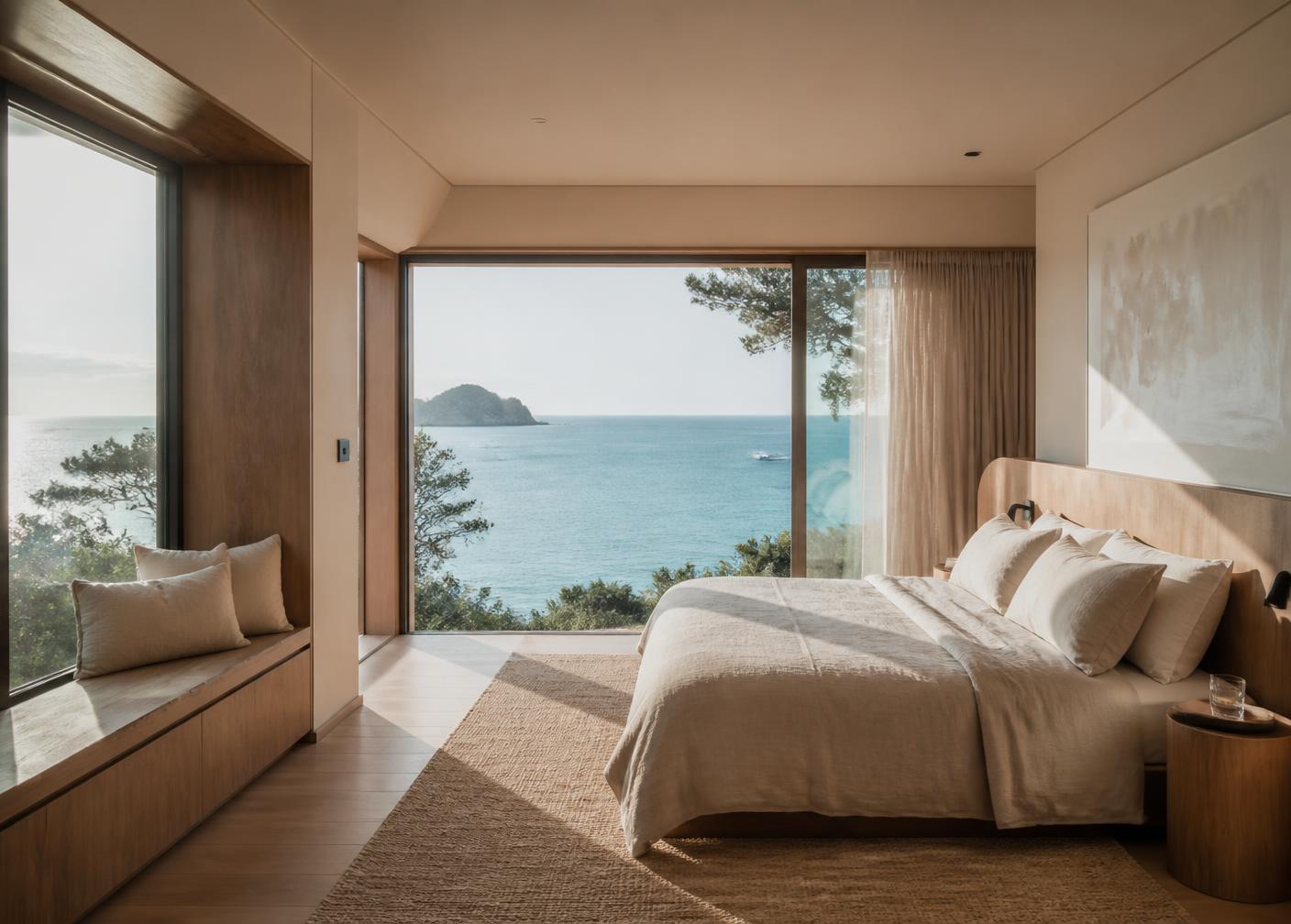 A boutique island villa bedroom looking out to the sea